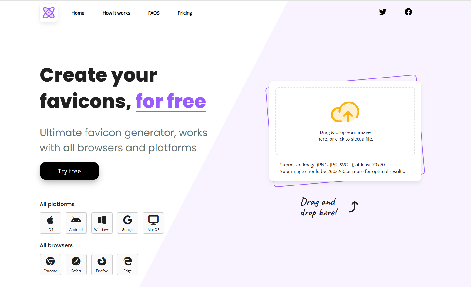 Main page of the favicon generator with drag-and-drop image upload and platform/browser support overview.