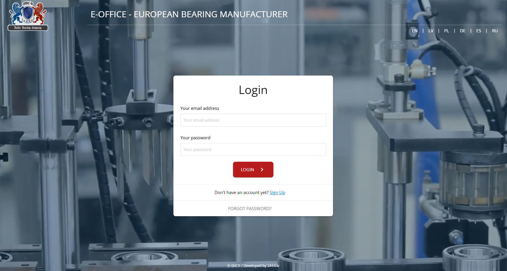 Login screen of the E-Office portal with multi-language selector and background video from the production line.
