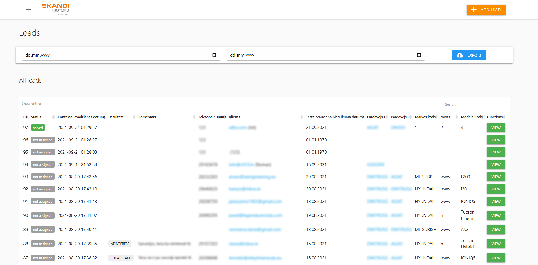 Overview of leads – including status, contact details, test drive dates, assigned consultants, and vehicle data.