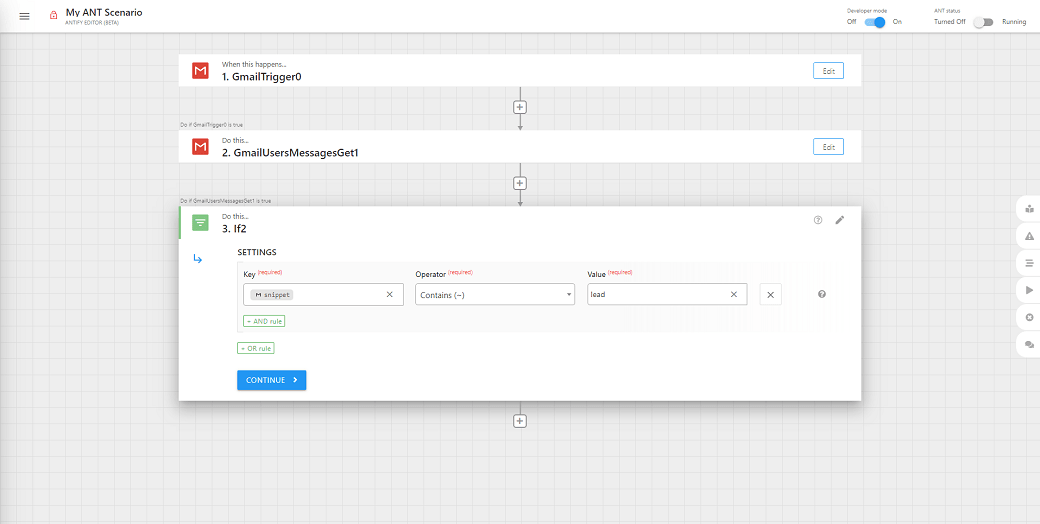 Gmail-triggered automation scenario in ANT Editor, filtering messages with the keyword 'load' using conditional logic.