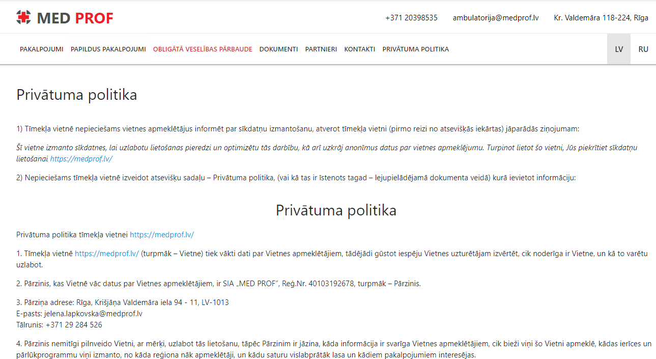 Privacy policy implementation page detailing user data practices and cookie notices.
