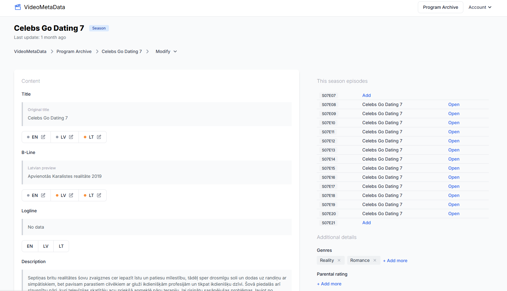 Detailed view of a season entry showing multilingual content fields and list of episodes.