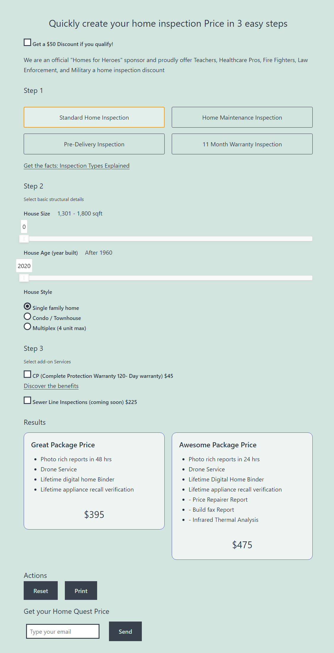 Home Inspection Price Calculator UI showing dynamic package pricing based on selected options.