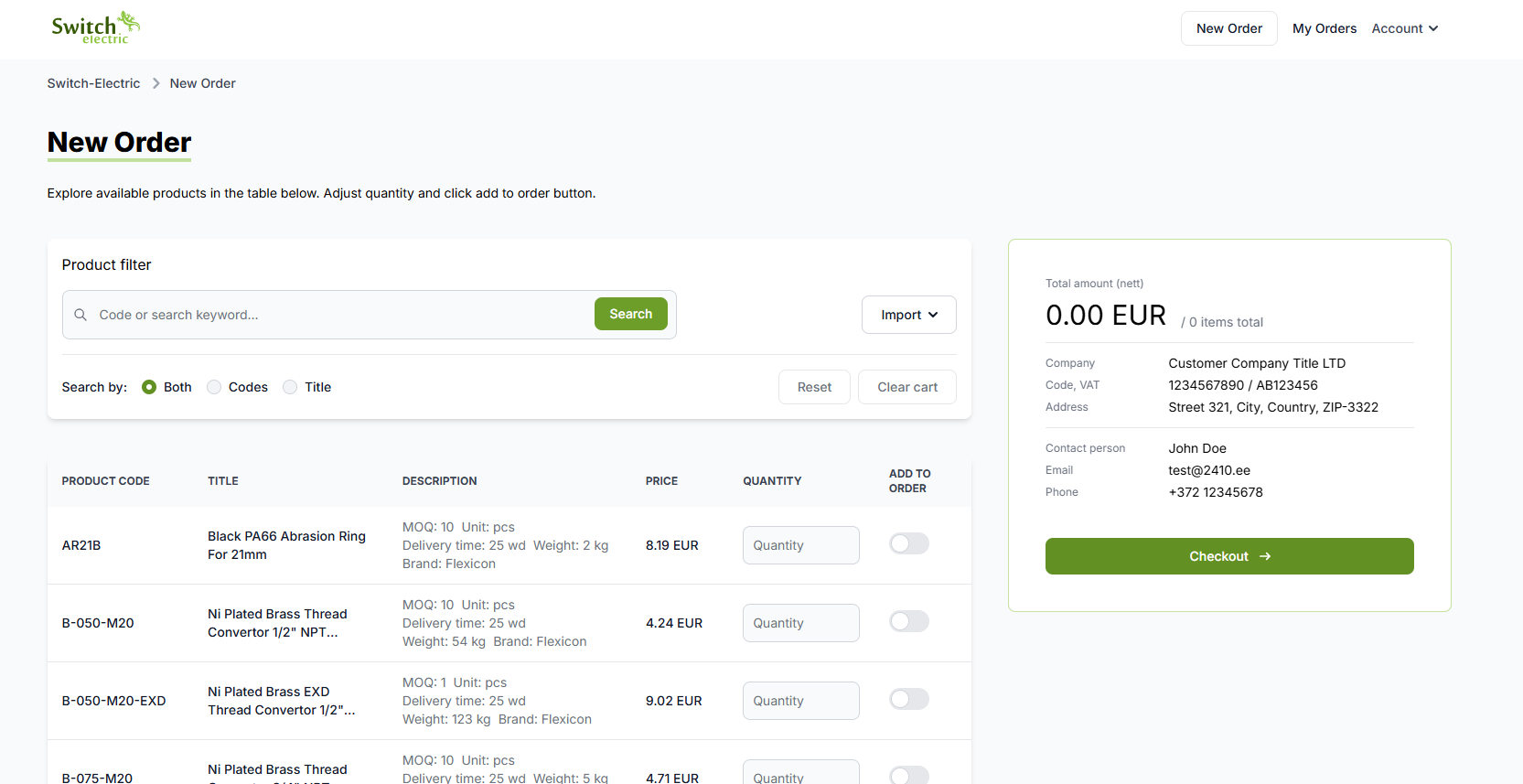 New Order page with real-time product filtering and cart preview.