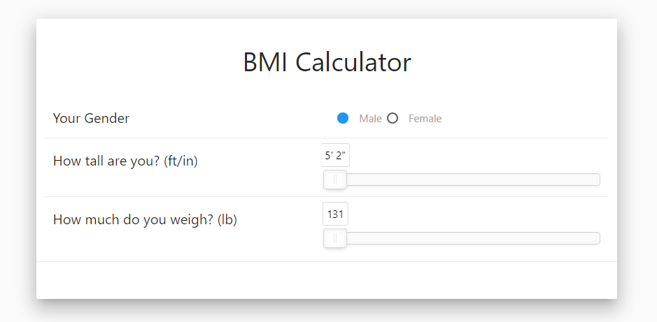 BMI Calculator Interface – features gender selection, height and weight sliders, and a clean UI powered by Materialize.