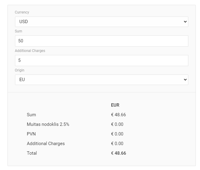 UI of the implemented customs duty calculator displaying converted amount and tax calculation