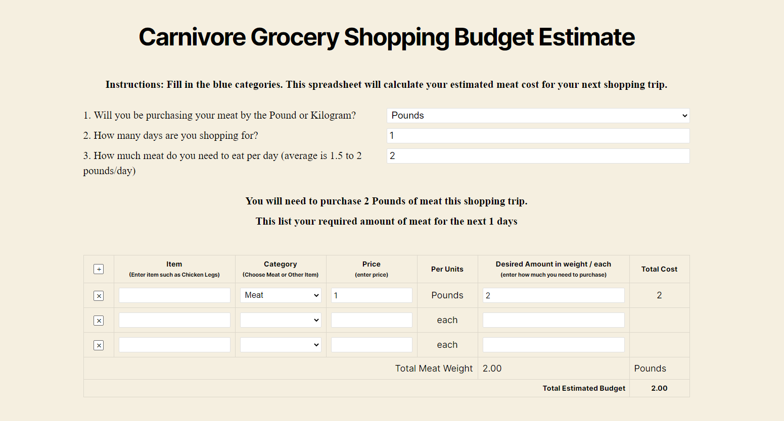Early version showing item rows and budget summary in use