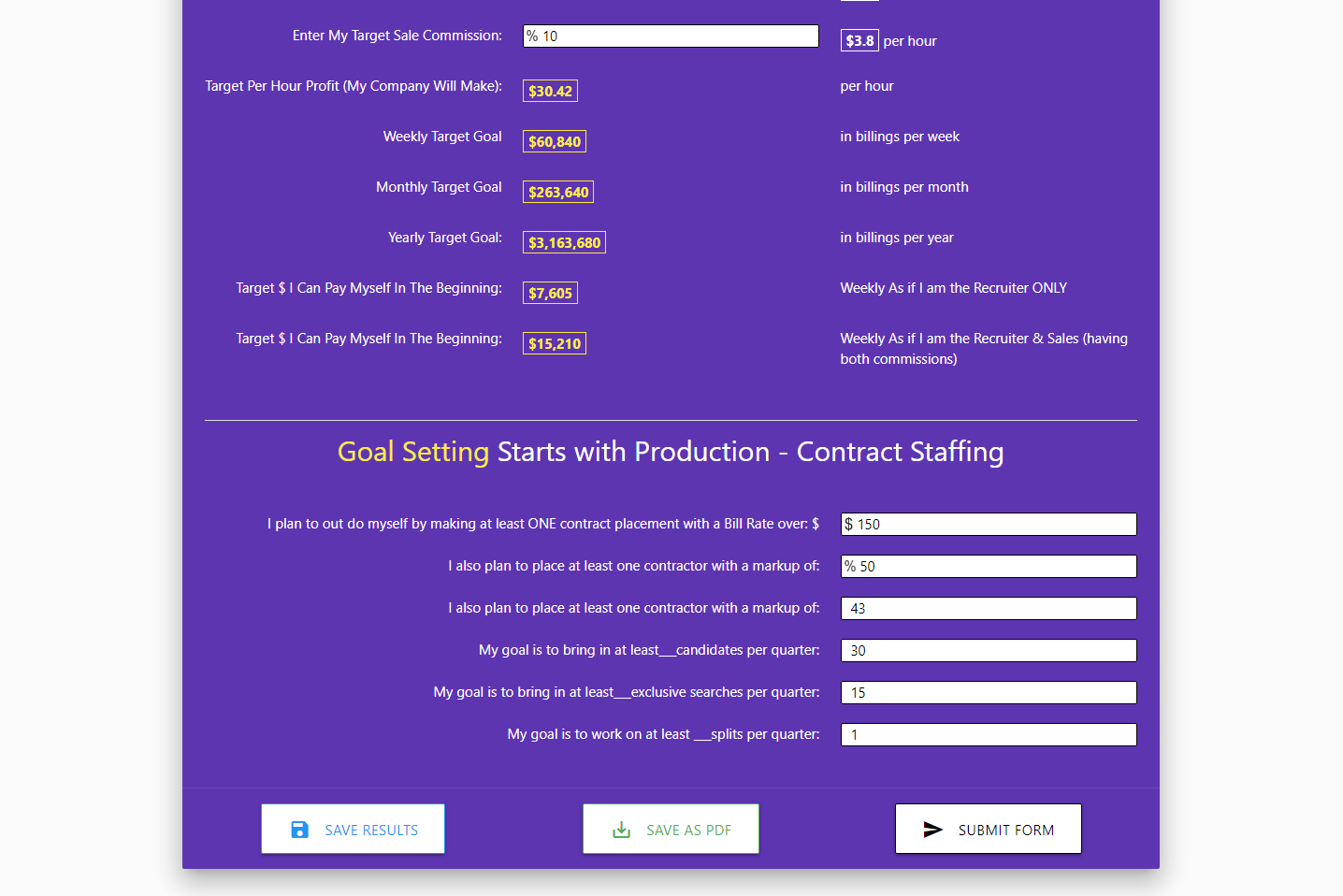 Final user interface of the financial goals calculator with all functionalities implemented including save, submit, and PDF export buttons.