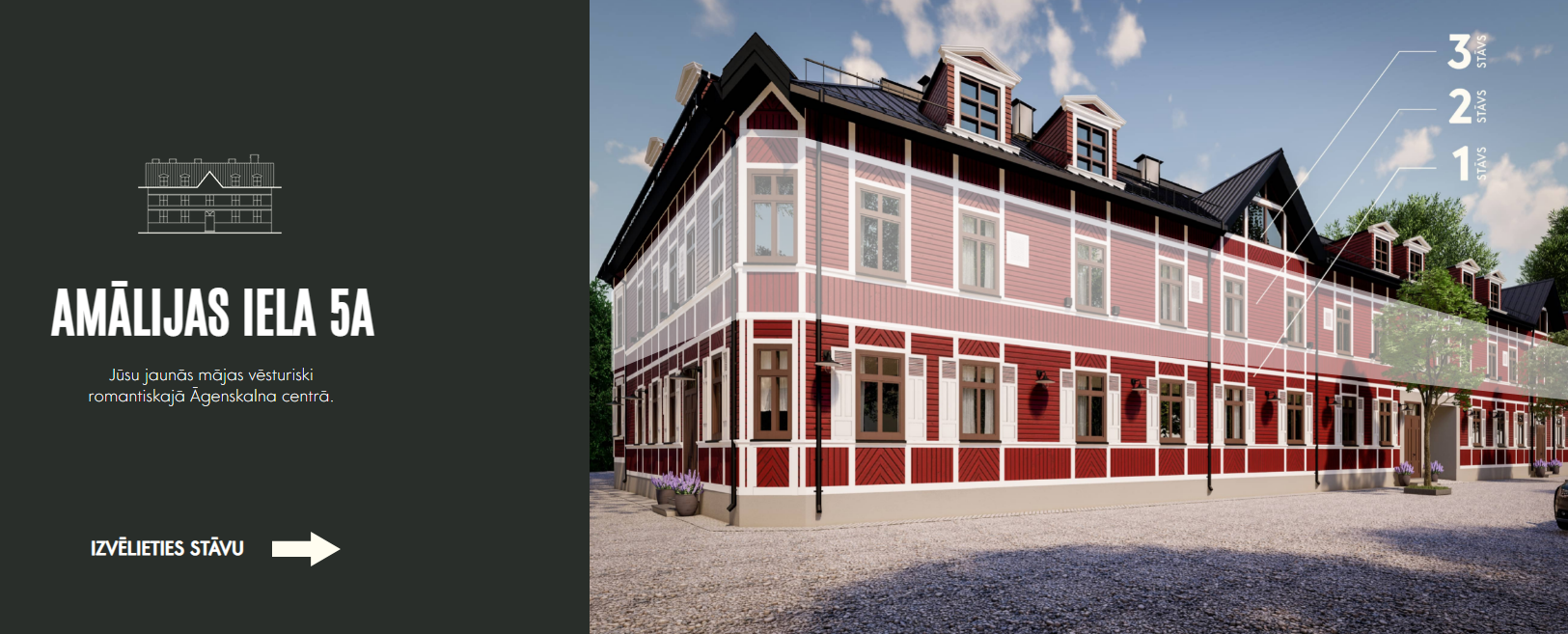 Landing page view of Amālijas iela 5A  -  historic and romantic residential project in Āgenskalns with visual navigation by floor.