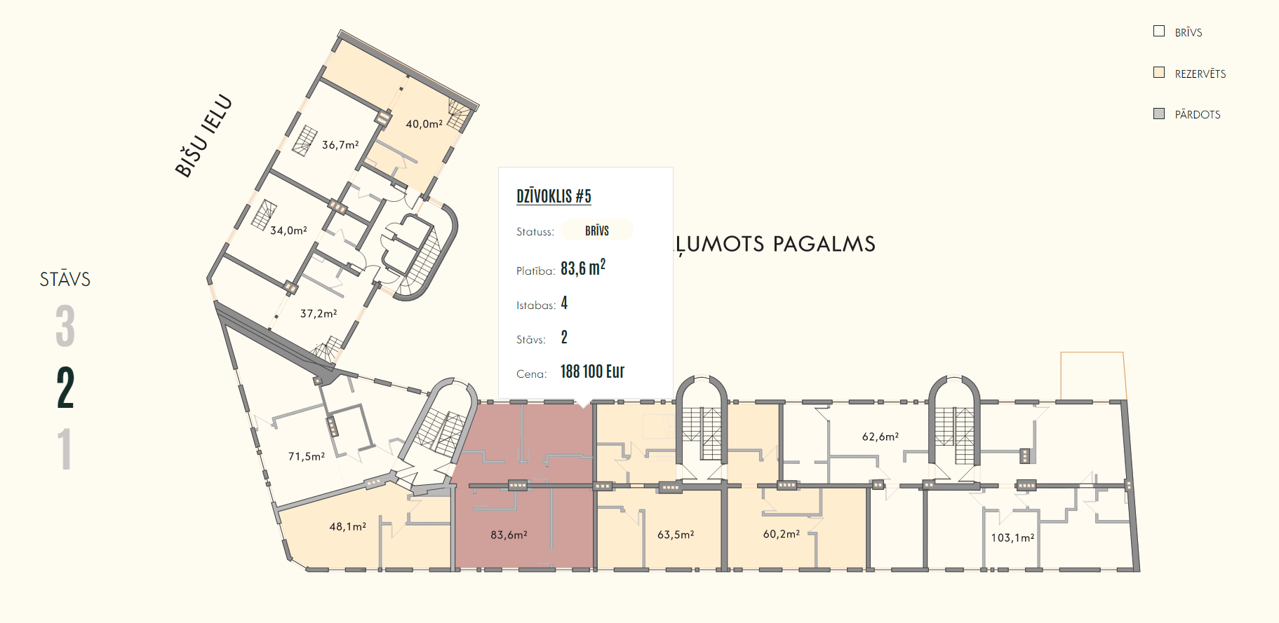 Interactive floor plan on the 2nd floor, showing apartment availability and detailed parameters on hover.