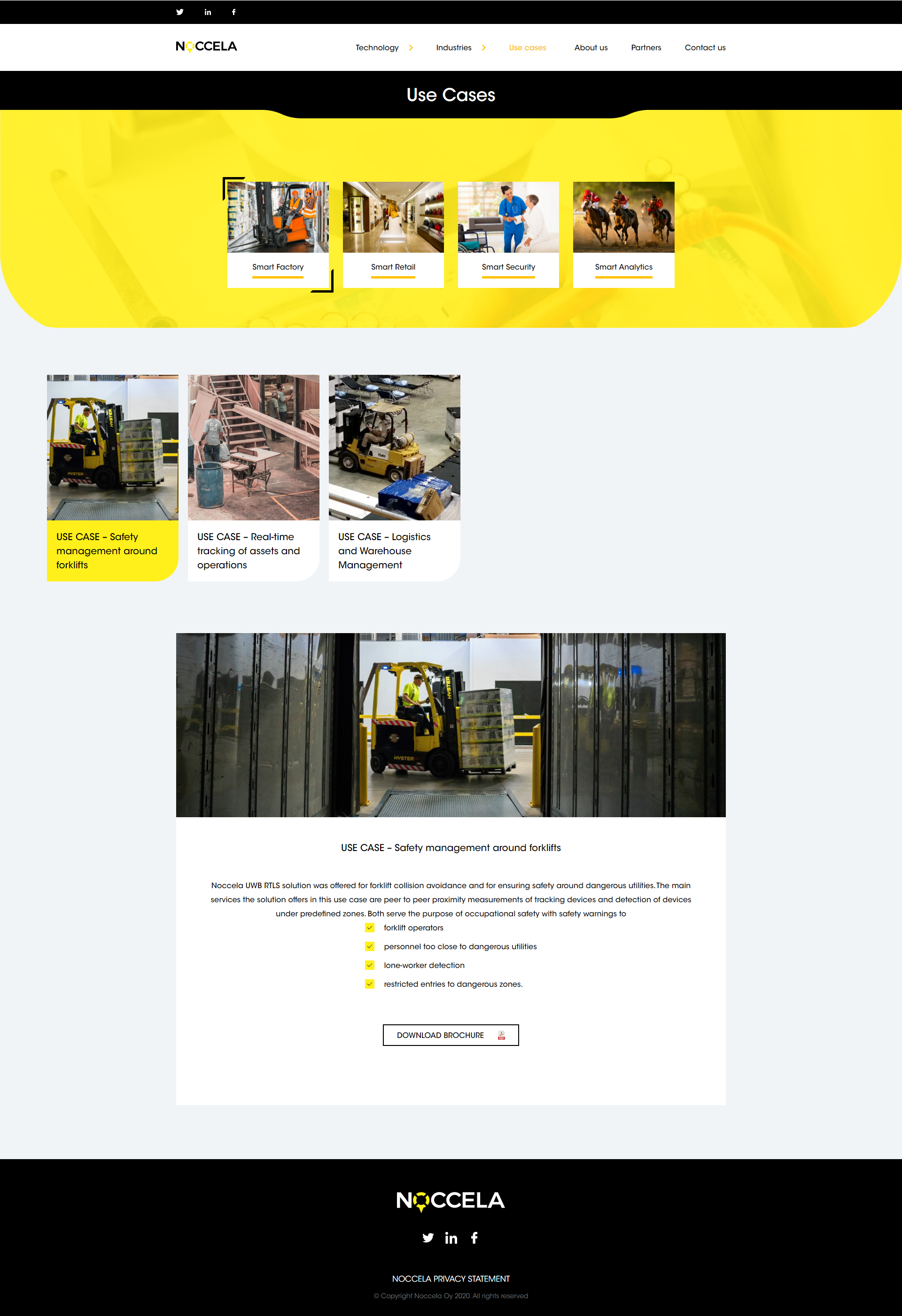 Use Case page showcasing smart solutions and forklift safety feature