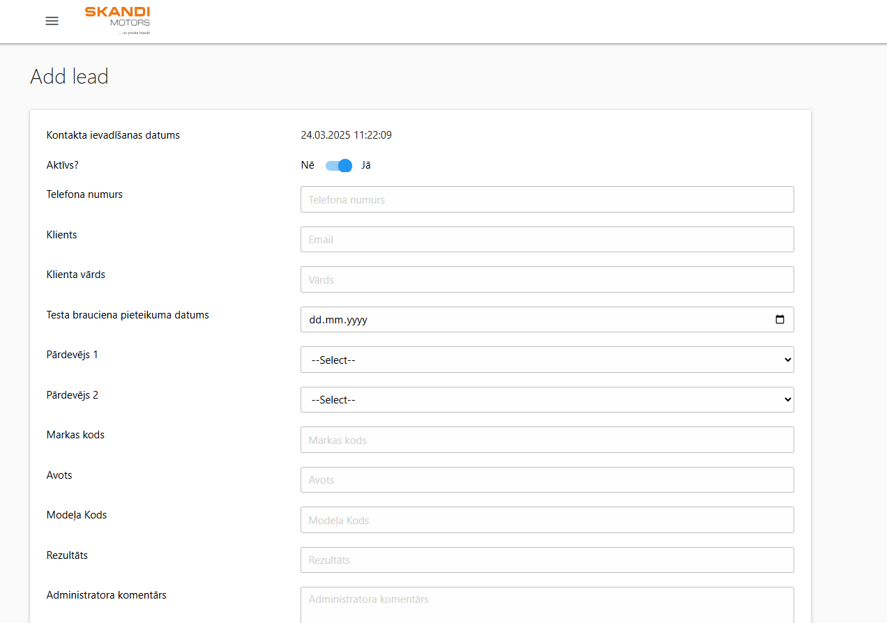Lead creation form – includes fields for contact details, vehicle information, test drive date, and consultant assignment.