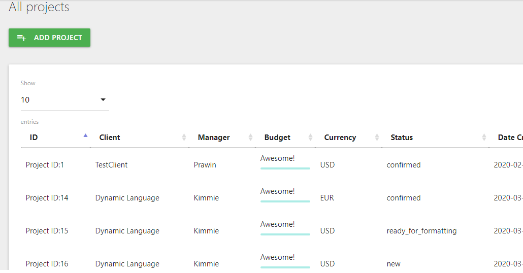 Project List View: Overview of all ongoing and completed projects