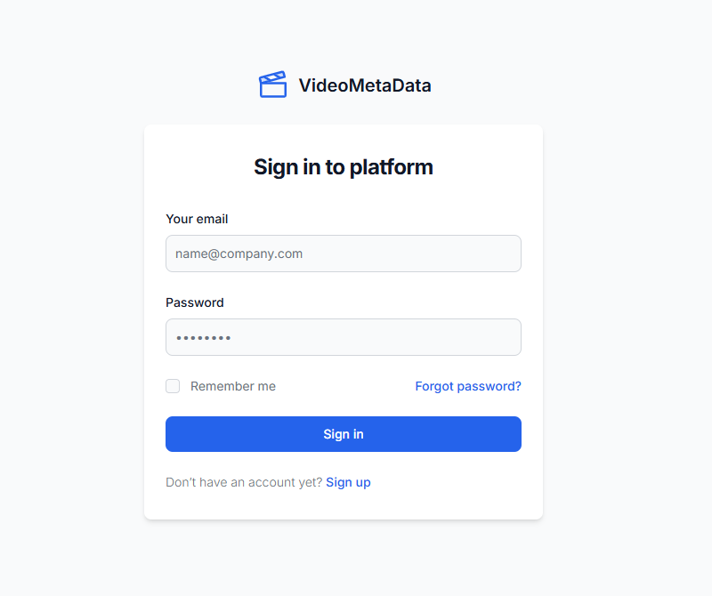 Login screen for the VideoMetaData platform with email/password access and user registration link.