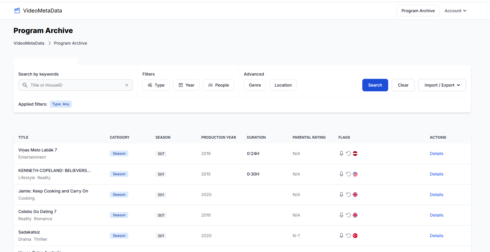 Program Archive dashboard with advanced filters, search functionality, and data table of seasons.