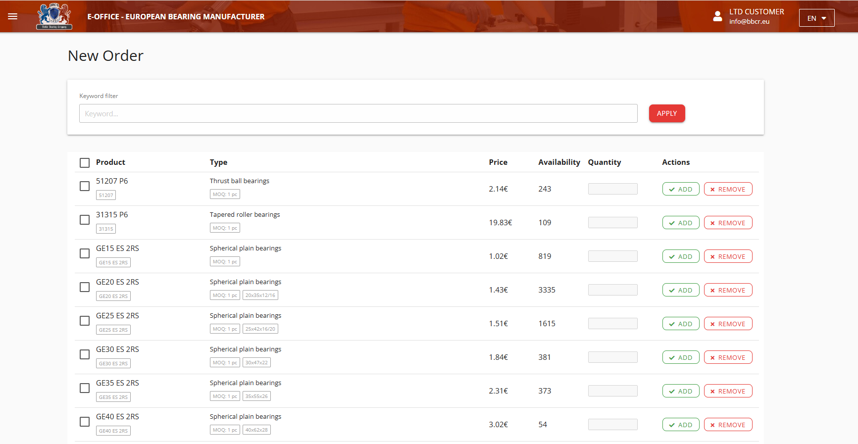 Order creation interface showing the searchable product catalog, pricing, and availability.